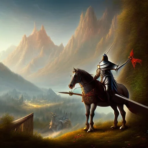  mountains with medieval knight traveling on a horse in the background