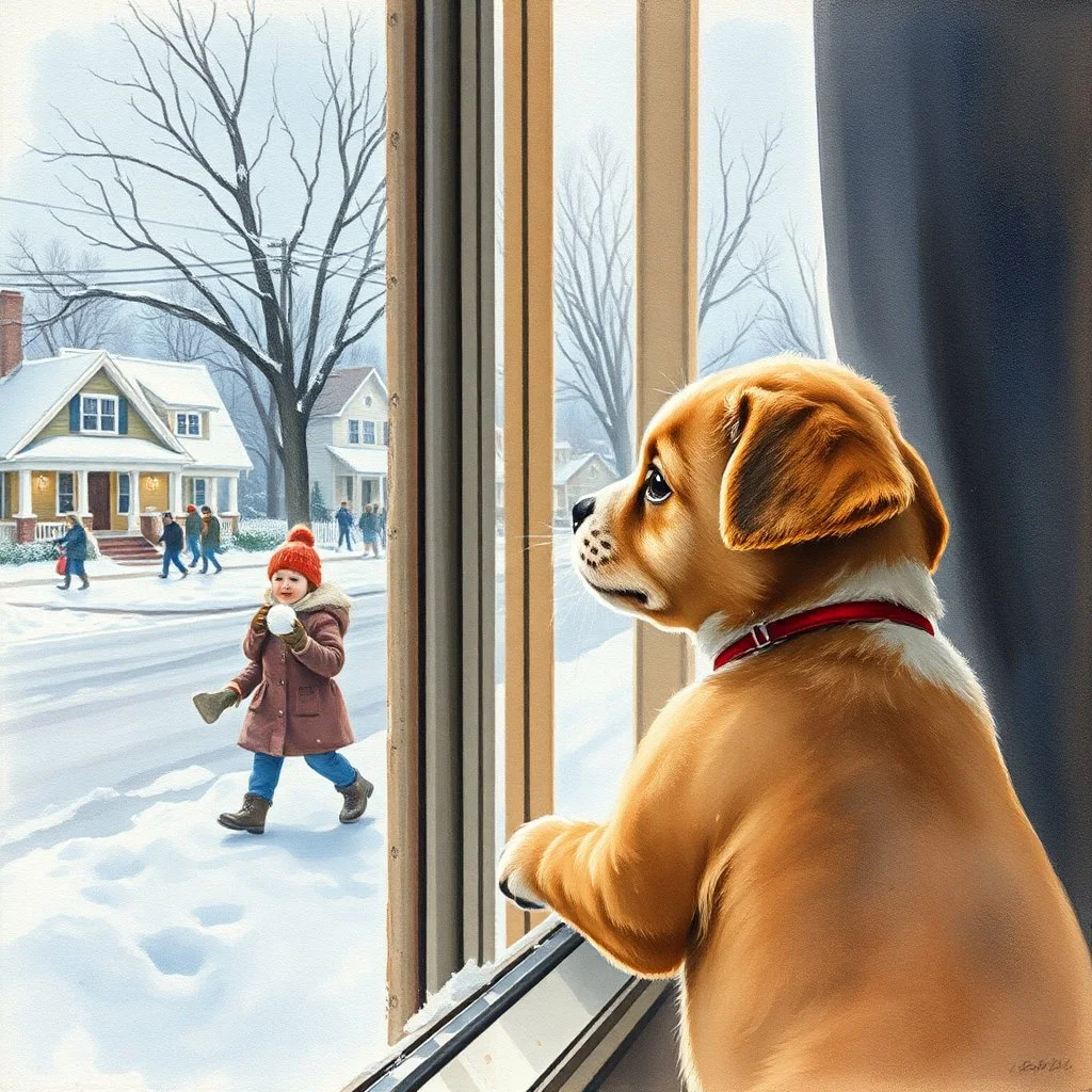 watercolor paining of a puppy looking out a window at kinds having a snowball fight in a suburban street, by Norman Rockwell aesthetic