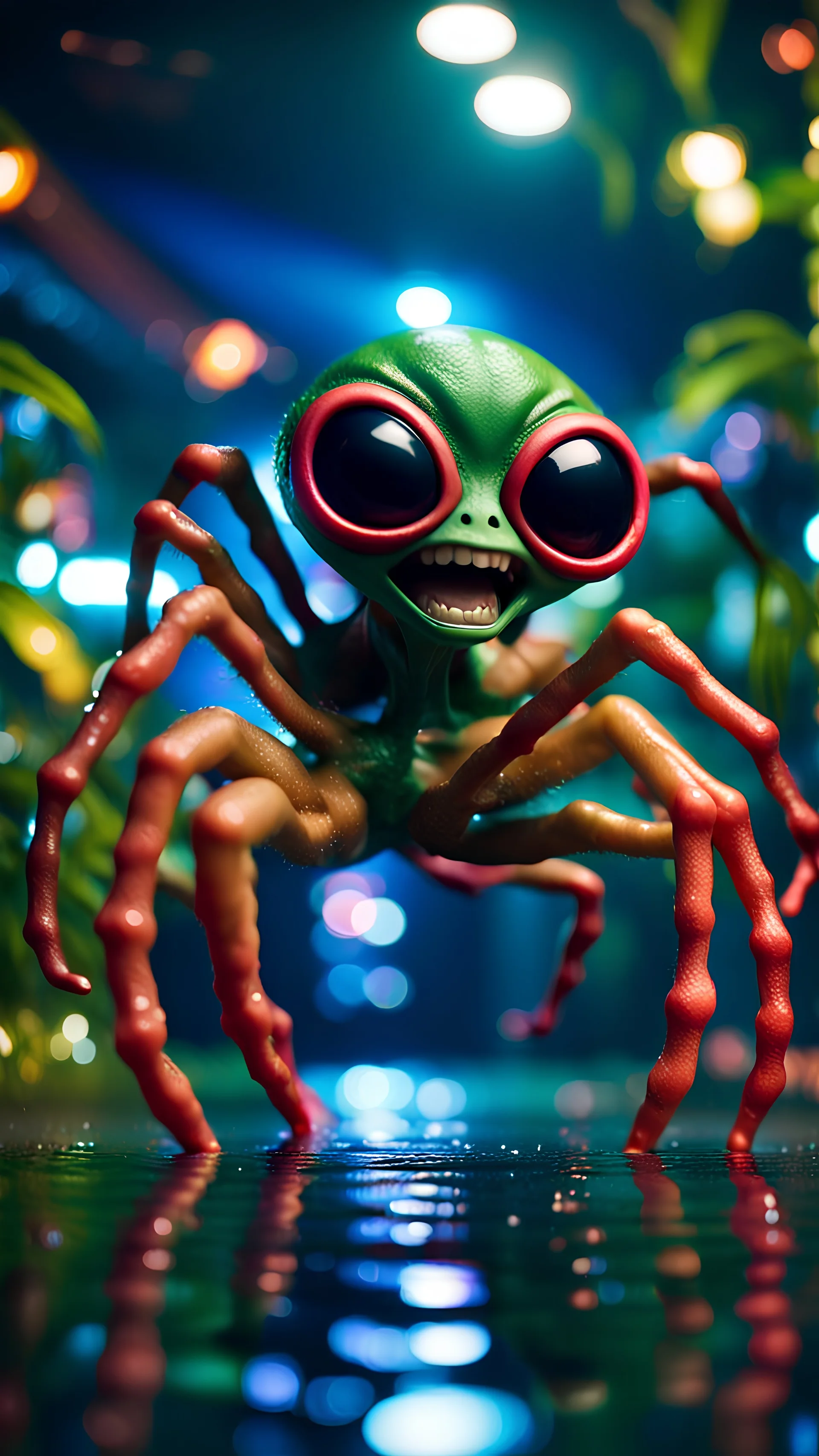 pimp rocker alien spider gremlin diving in water slide in the middle of crazy dance moves dancing on buss parked in dark lit reflective wet jungle hall tunnel,bokeh like f/0.8, tilt-shift lens 8k, high detail, smooth render, down-light, unreal engine, prize winning