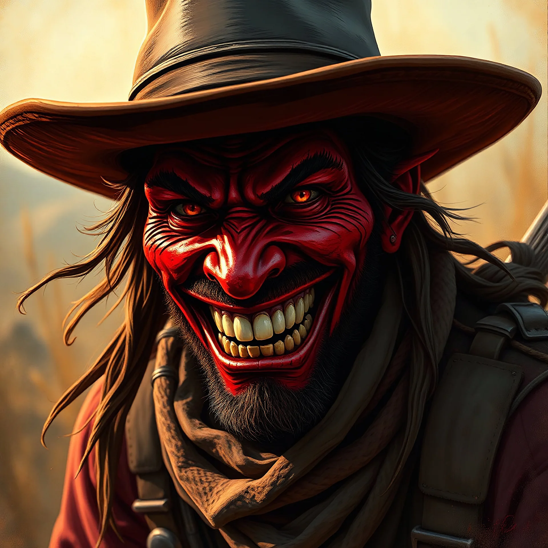 Evil wild west red skinned bandit smiling fantasy art