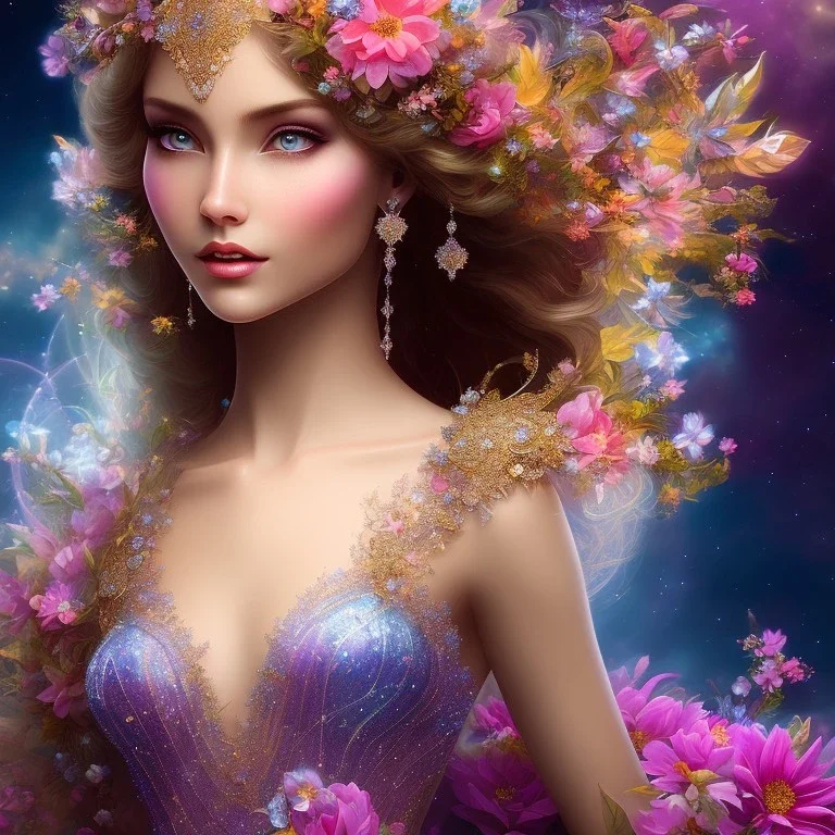 bright fairy, beautiful portrait, flowery landscape, cosmic ambiance