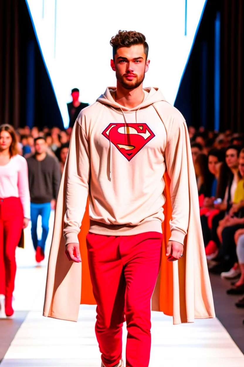 A guy on a fashion runway with Kryptonian Superman street wear Clothes in neutral colors