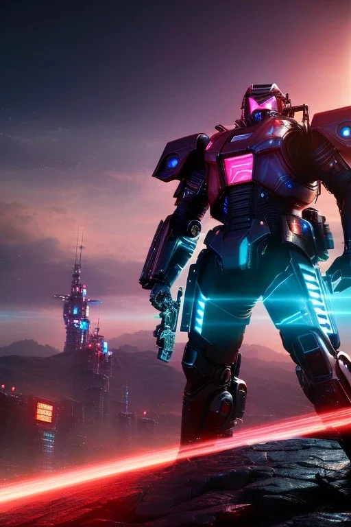 Futuristic armored warrior, portrait from waist up, intricate eyeliner, vibrant eyeshadow, clear completion, soft lighting, 4k resolution, intricate details, insanely detailed, colorful cityscape background, masterpiece, expert, cinematic smooth, retroanime style, realistic details