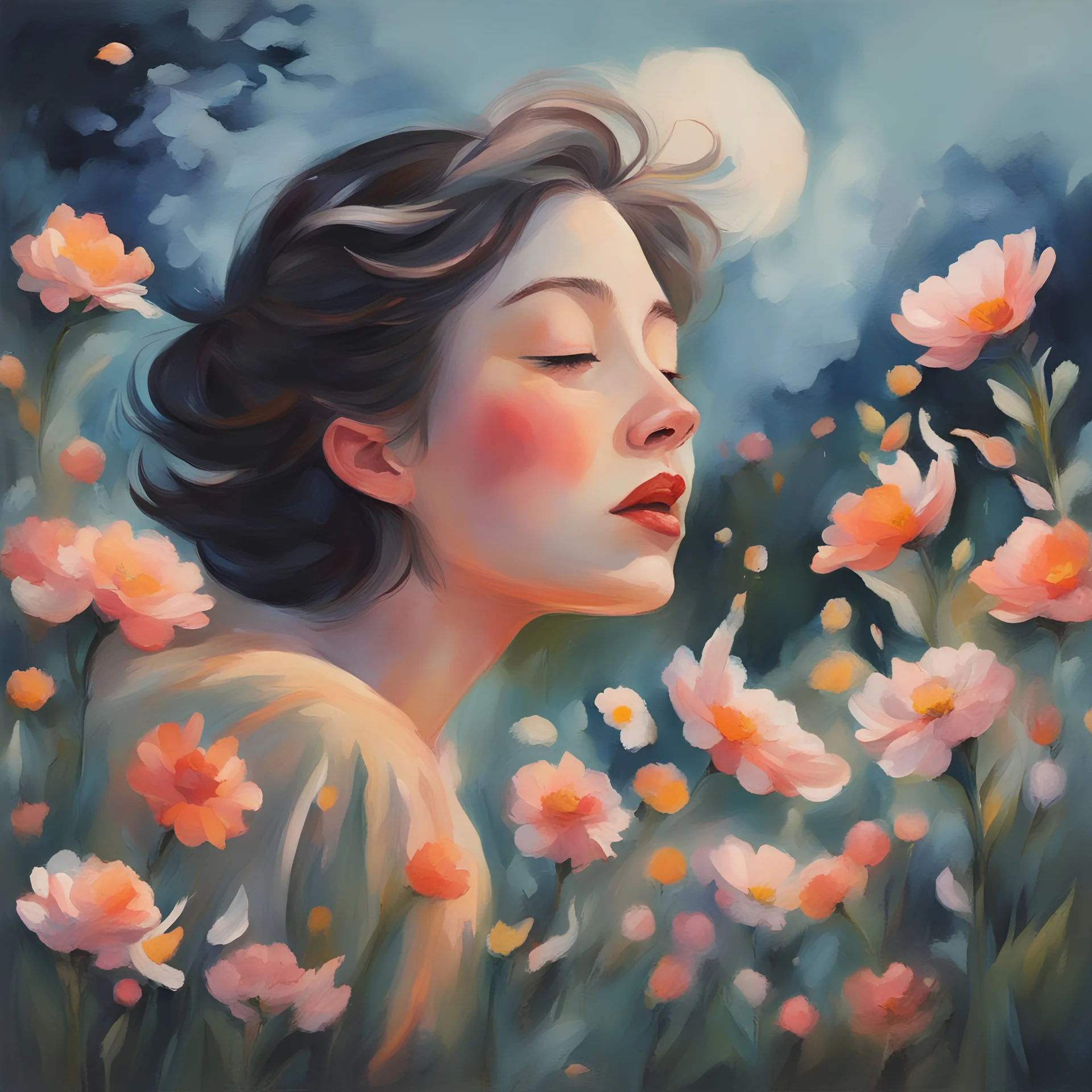 Listen, the evening breeze is blowing past the flowers. They are whispering a language of their own, in gouache painting art style
