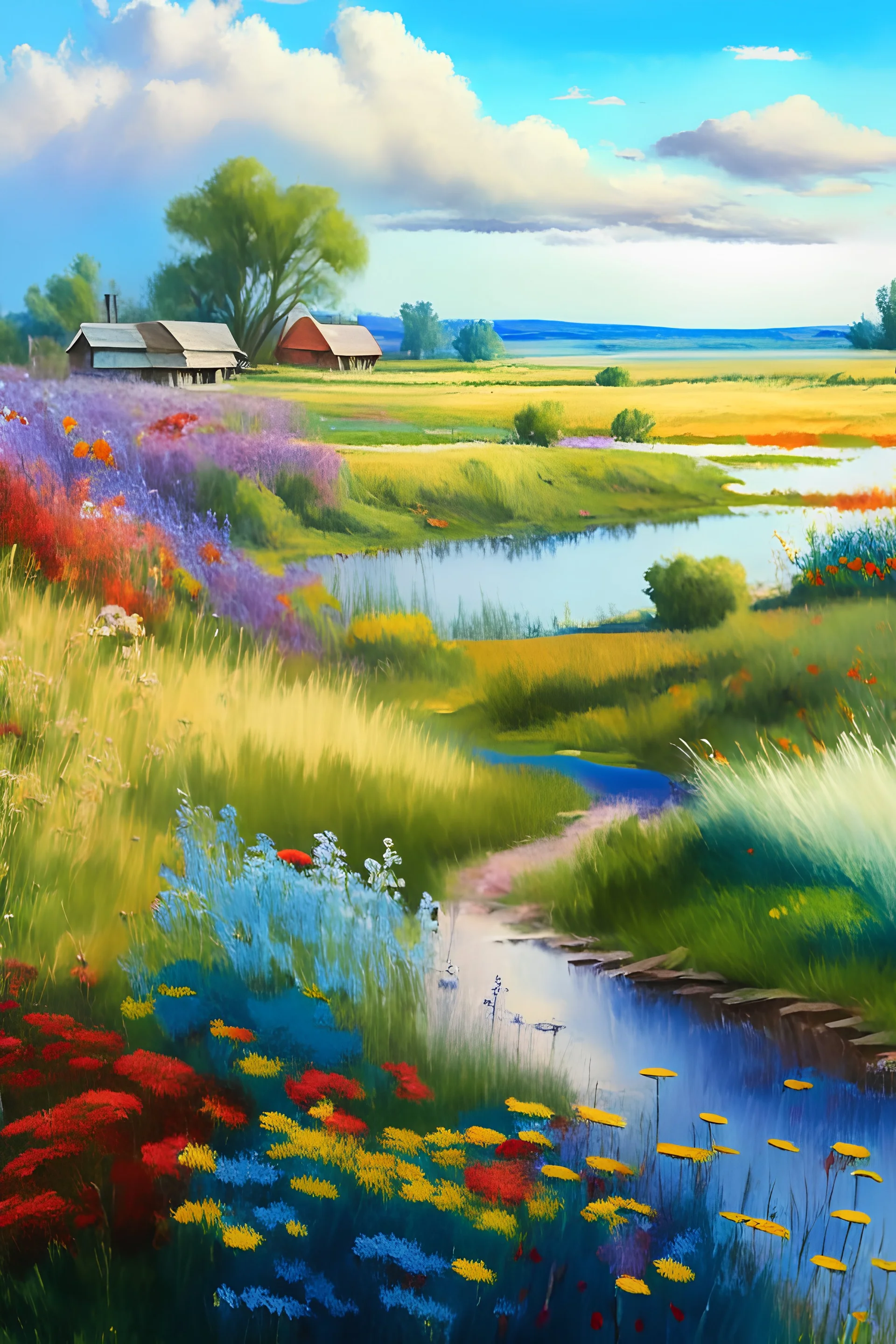 waterco;or painting of a landscape of several kinds of colorful wildflowers, small farm in the distance, ultrasharp, realistic colors