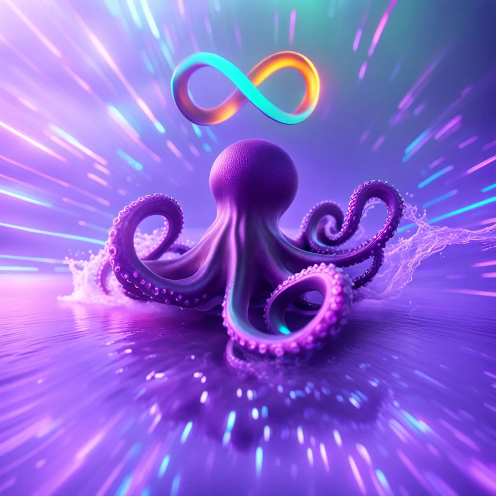 infinity symbol ∞ with vibrant powerful octopus jumping out of the water, striking, neon, chiaroscuro, dramatic, captivating, powerful, fantasy, beautiful, octane render, 16k post-production, artstation: award-winning: atmospheric: commanding: fantastical: clarity: ultra quality: striking: brilliance: stunning colors: amazing depth; lens: f/11, 35mm