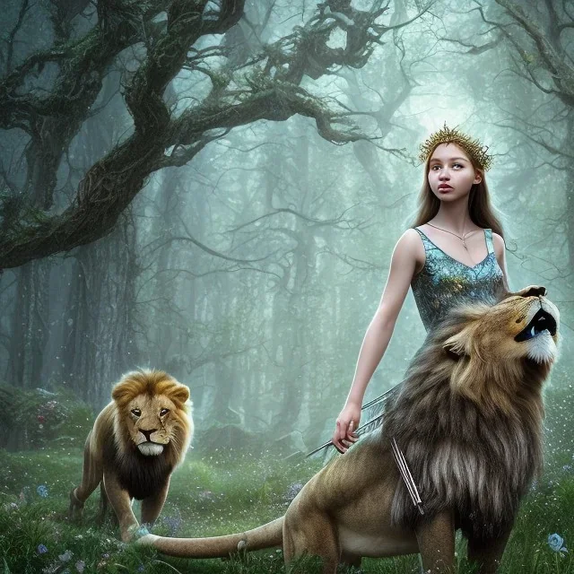 Young beautiful girl wearing floral crown next to a majestic, stunning lion on nature forest path, Chronicles of Narnia, 8k resolution, high-quality, fine-detail, iridescent, intricate, digital art, detailed matte, volumetric lighting, beautiful, illustration, 3D octane render, brian froud, howard lyon, selina french, anna dittmann, annie stokes, lisa parker, greg rutowski,