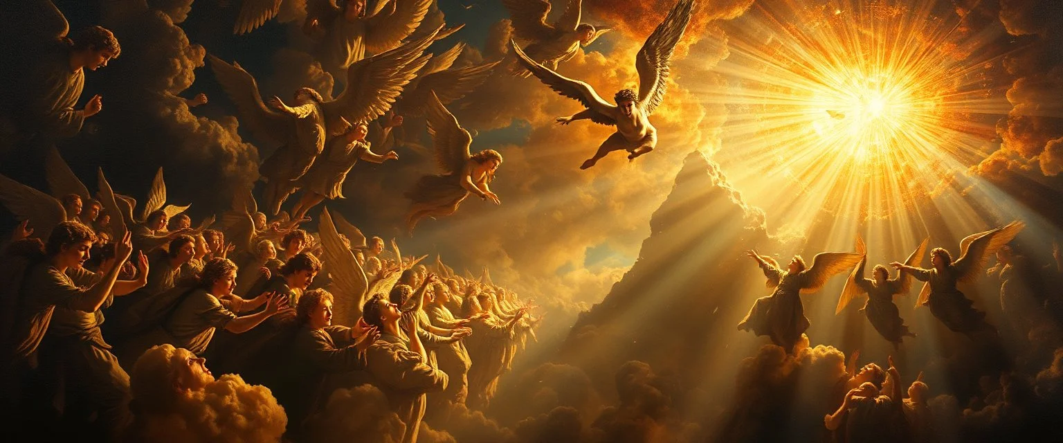 master oil painting by Rembrandt,100 million angels singing, display of god rays over blessed earth