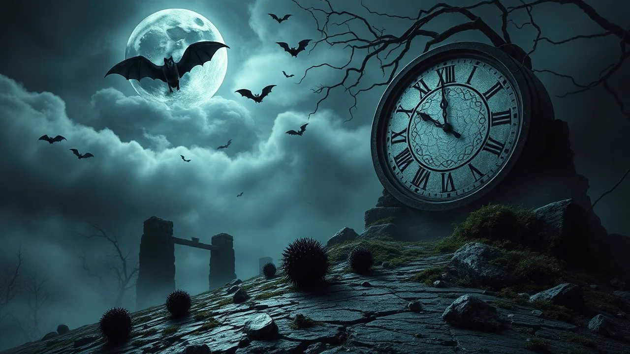 surreal dreamlike scene, nightmare on eart and in sky, midnight in the garden of death, some small black prickly balls on the earth and on sky, mystic gloomy, surreal dark shadows and pale light, stones, cracked eart, dark winter-like vibe, dark weird shapes floatings ,come strom , dark green moss, weird giant black musroom, bats on sky, branch on eart, ruins, rock, deep dark colors, dark twisting tendrils around big clock ,Clock with 12 o' clock, moon with black darkness, fog, detailed,
