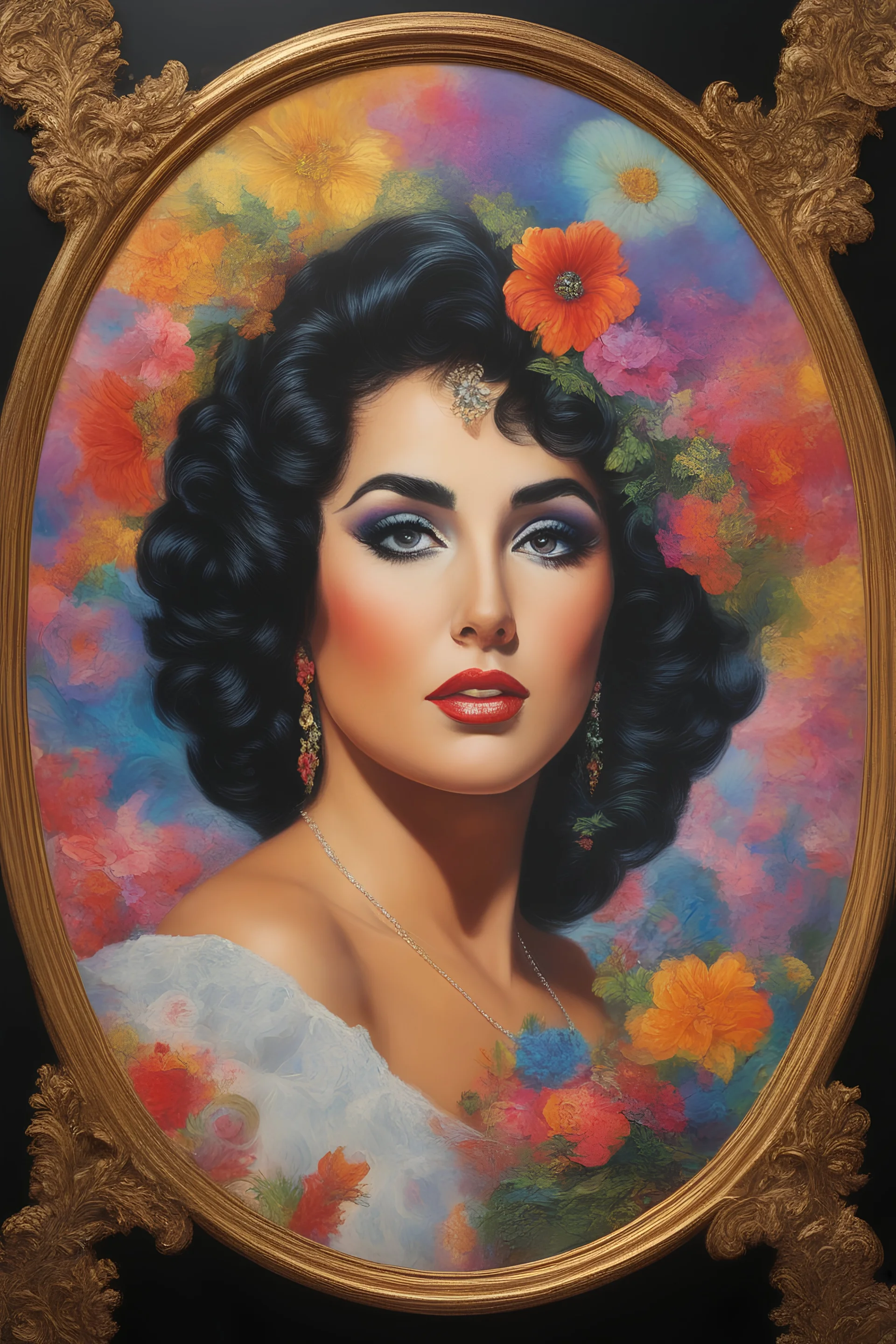 Elizabeth Taylor's face inside a round gold frame, multicolored, large, Floral/rainbow designs, atmospheric, beautiful, bright, vibrant colors, pitch-black background, oil painting by Boris Vallejo, 4k UHD, Photorealistic, professional quality