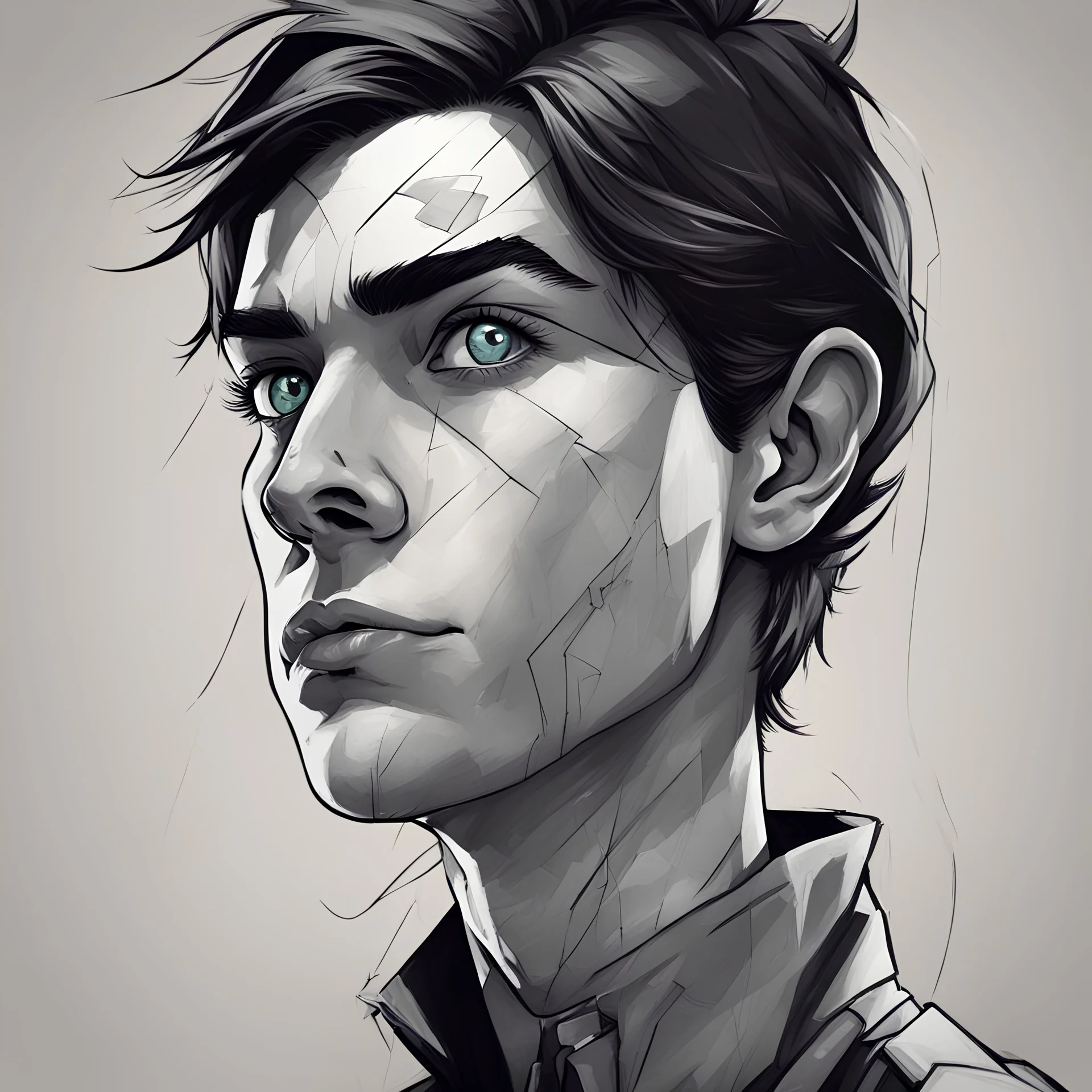 Ensure that the character is facing towards the right side of the canvas. Create a visually striking 2D portrait inspired by comic book and animation styles. incorporating surreal elements.
