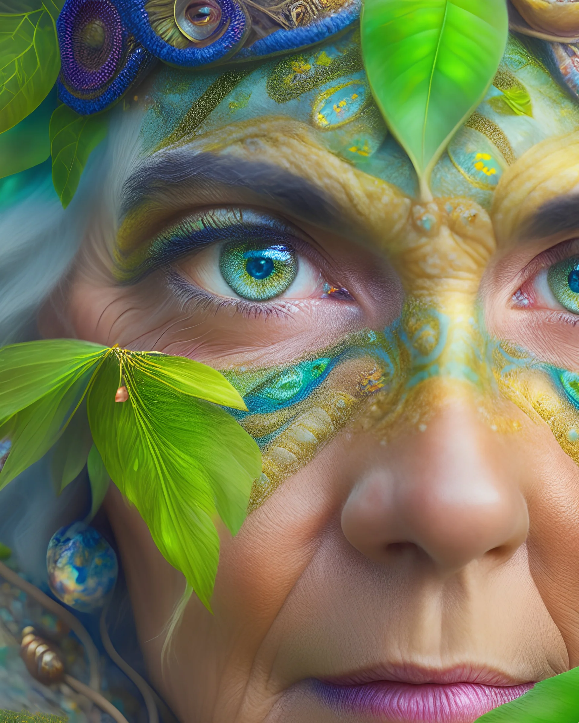 gros plan du visage d'une créature mystique féminine de 50 ans. Elle pousse avec sa main des branches de la végétation d'une forêt luxuriante d'une autre planète, et laisse ainsi apercevoir son visage. Elle a de grands yeux. Elle a une forme d'iris unique et ses pupilles sont très colorées. Elle porte des ornements et des peintures sur son visage. Quelques rayons de soleil passent à travers le feuillage dense de la forêt pour éclairer son doux visage. Elle est paisible et innocente.