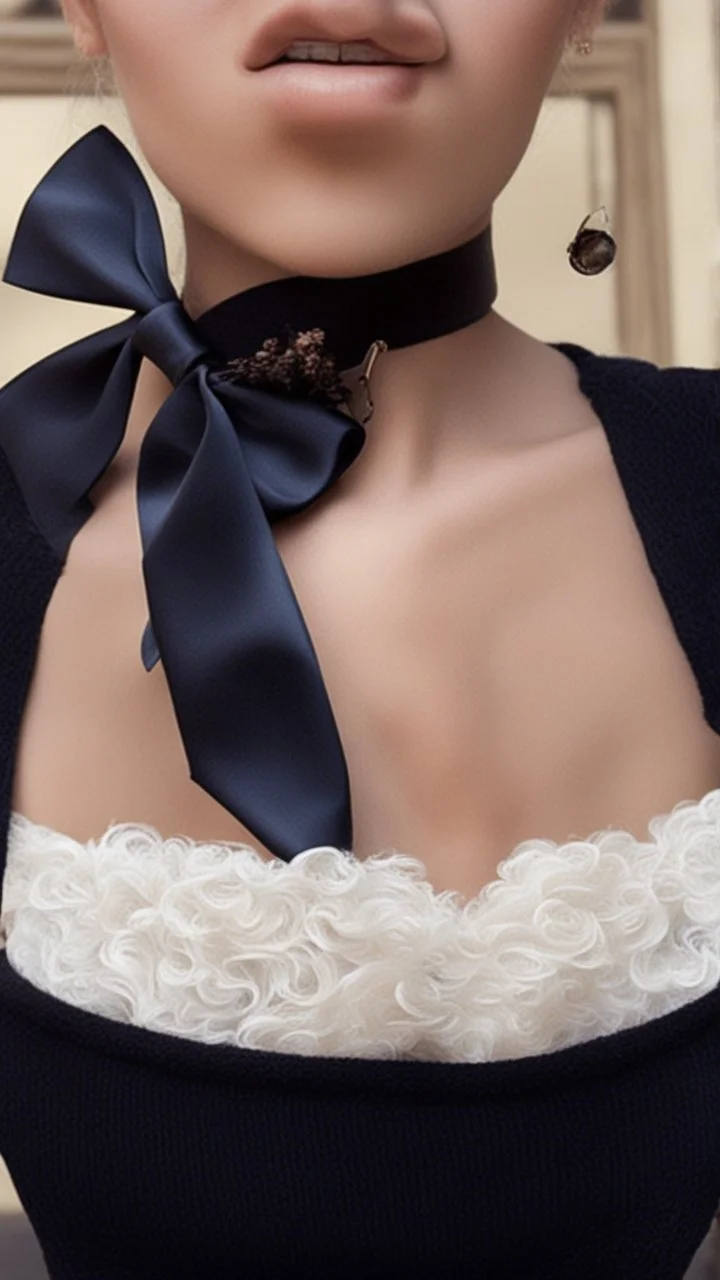 a girl wearing a black bow in her neck