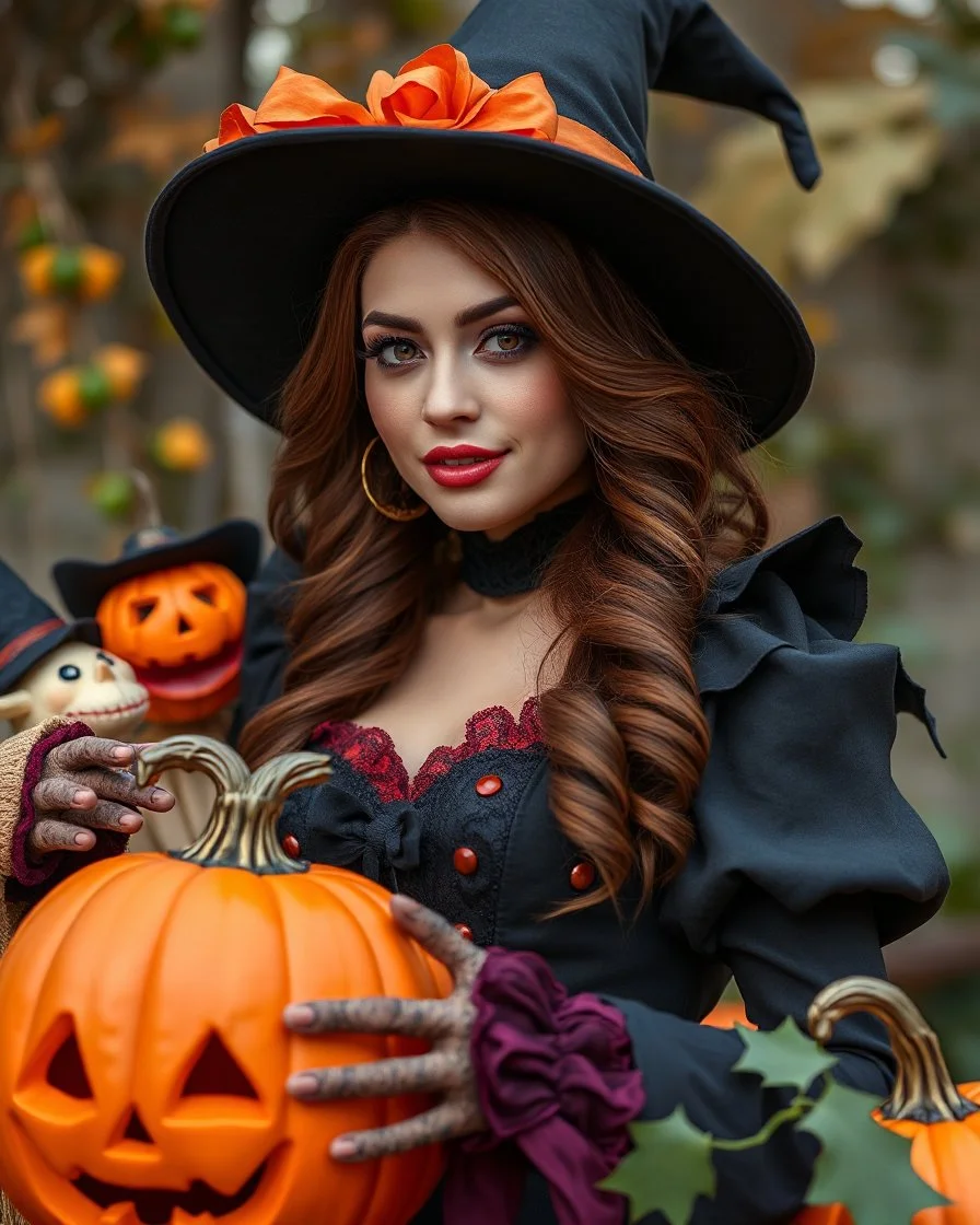 Beautiful woman brown hair in unique custom fashion witch style Happy Halloween,biggest pumpkin Halloween ,sorrounded by puppets Halloween