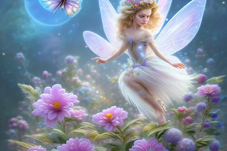 one very little beautiful fairy above one big crystal subtle flower in a galactic ambiance, transparent petals, delicate colors, in the foreground, full of details, smooth, bright sunshine,soft light atmosphere, light effect,vaporwave colorful, concept art, smooth, extremely sharp detail, finely tuned detail, ultra high definition, 8 k, unreal engine 5, ultra sharp focus