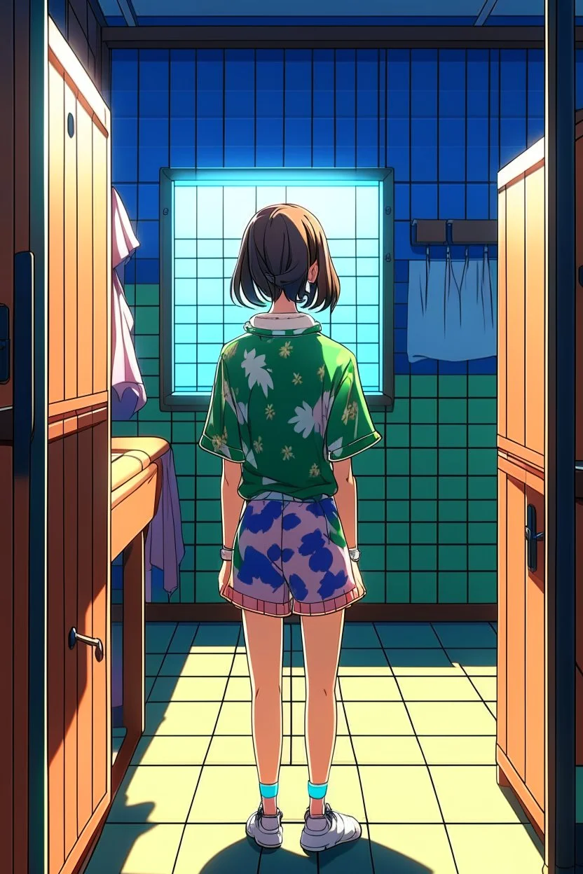 anime girl in a changing room wearing a pyjama shirt and short shorts, with her back turned.