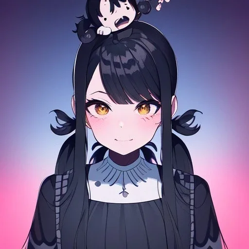 Clear focus, High resolution, rough line art, cute, cartoon, one side is a fluff cut, one side does not have hair but it does have one piece of hair that is medium length and sharp, both sides have medium length sharp locks on each side of her head, long twintails, smooth twintails, black hair, 1girl, (solo)