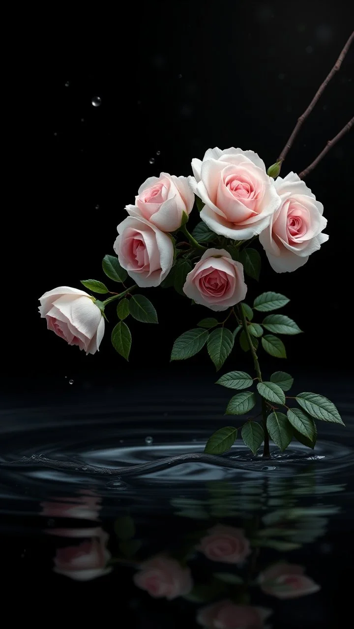 The image is a digital artwork that depicts a branch of tree of Pink roses and leaves tangling in to a water in the river with aThe rose floats on the surface of the water, creating a wave-like effect. The background is black, which makes a branch of a tree of white roses stand out even more. Water droplets are scattered adding to the dreamy, ethereal quality of the image. The a