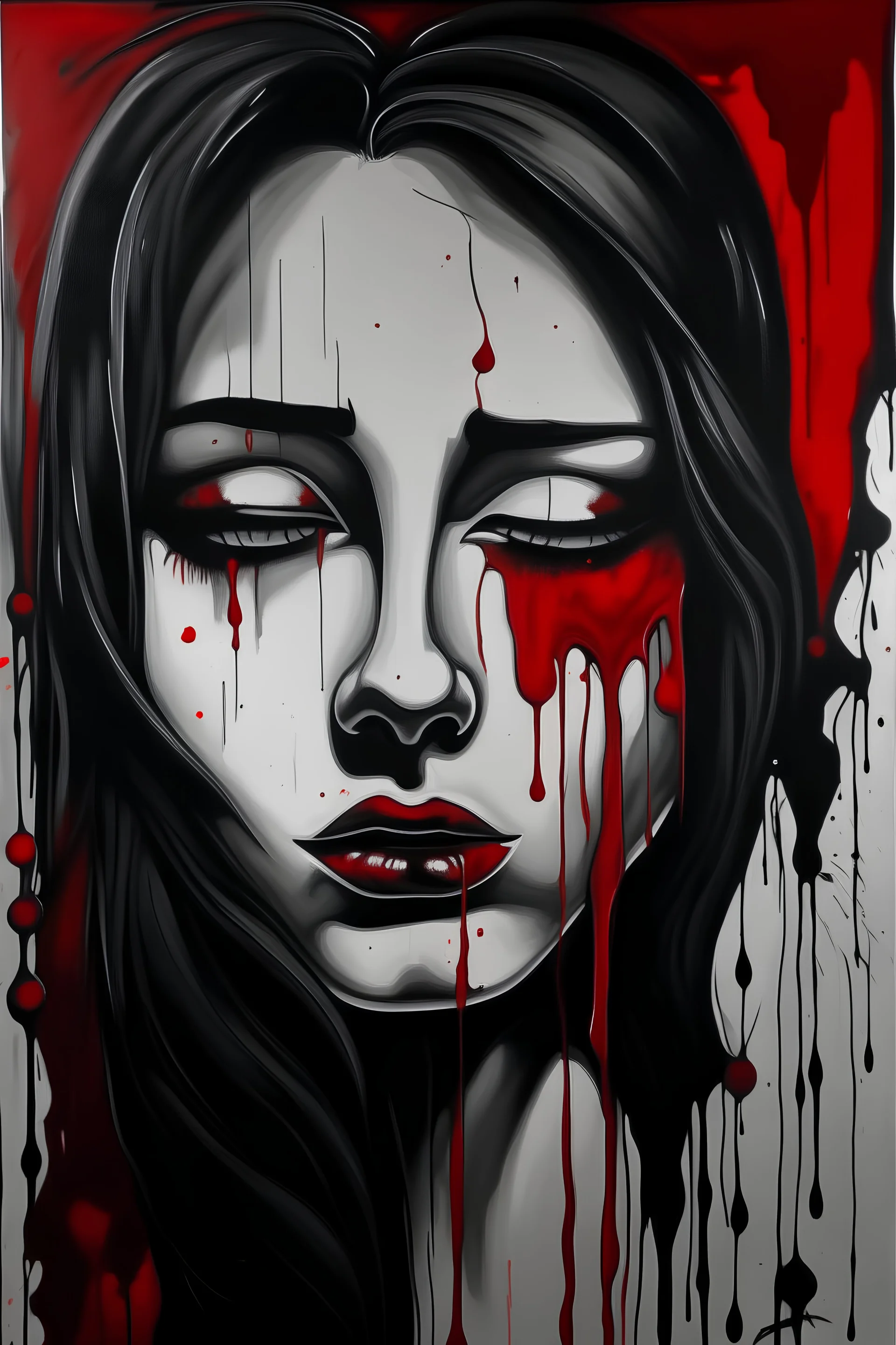 abstract black painting pretty woman sad face, red tear,