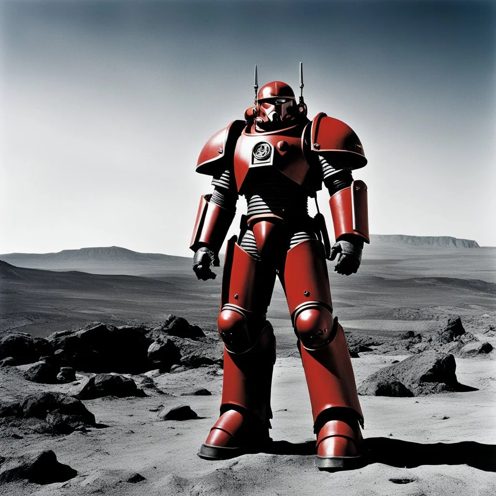 [high res photo by helmut newton] In the vast cosmic expanse, a lone Red Space Marine stands firm in gleaming power armor, a solitary sentinel ready for interstellar duty. Prepared for shipboard security and combat in the depths of space, this warrior embodies the fusion of futuristic technology and ancient warrior spirit. In a cosmic tableau of visionary artistry, the Red Space Marine symbolizes strength and determination in the endless expanse of the universe.