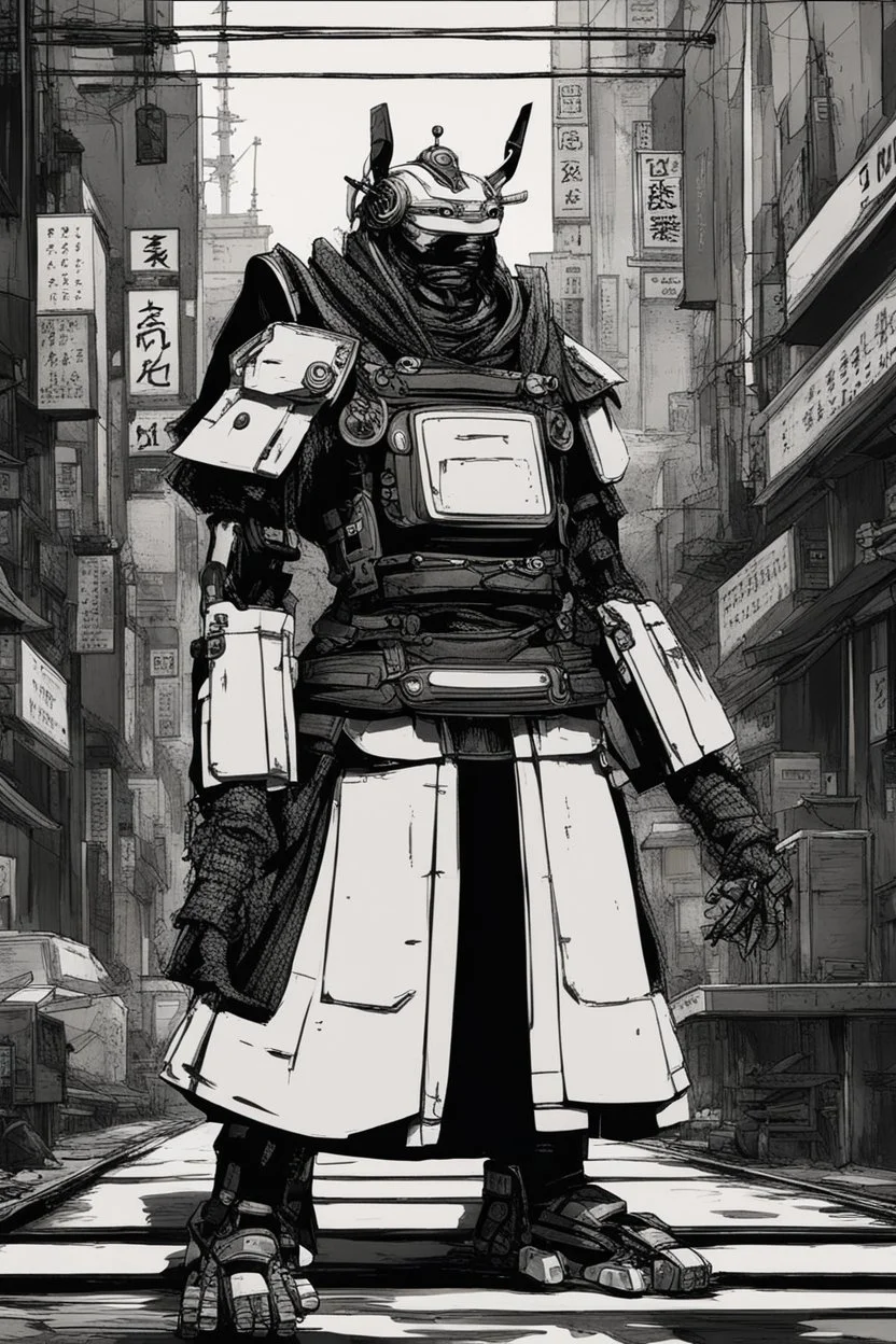 samurai robot in black and white cloak in a cyberpunk environment