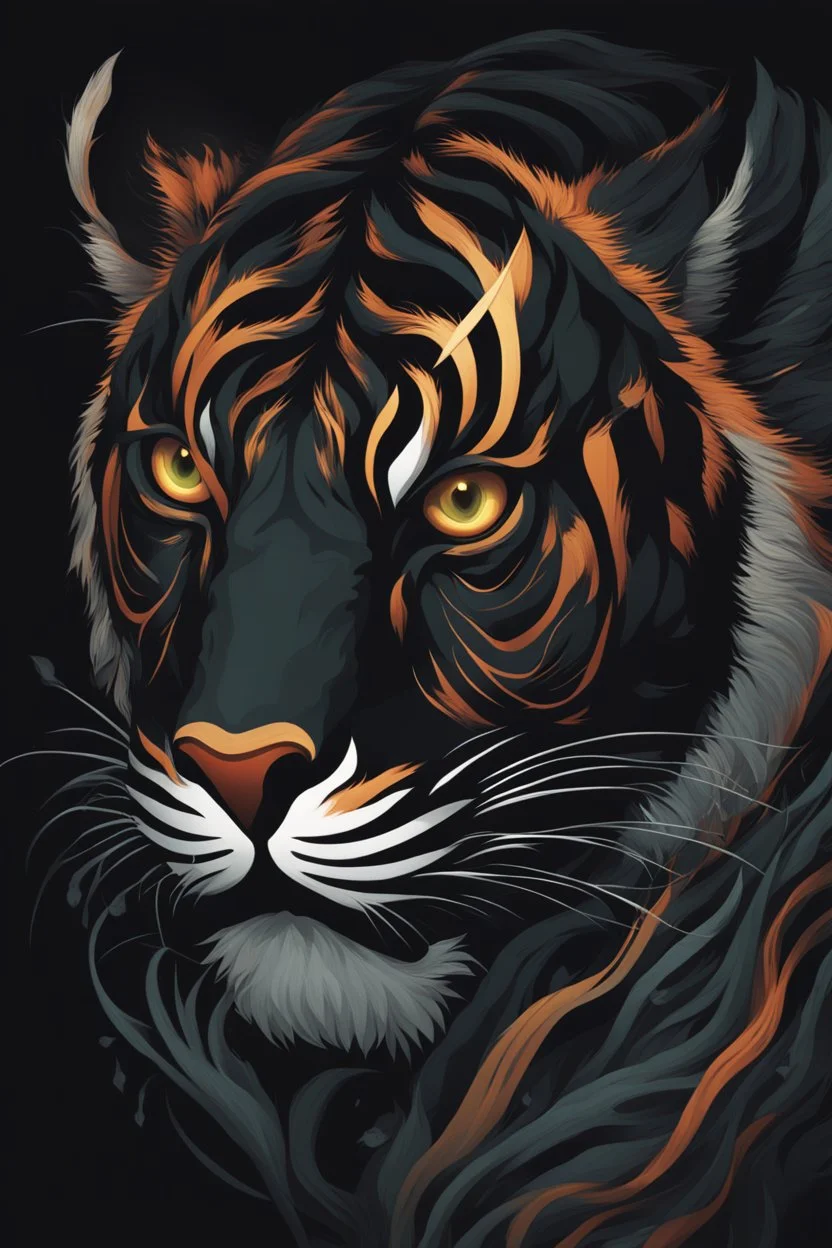 Captivating minimalist illustration of cosmic tiger, made up of intricately intertwined black flames. Her intense, bright eyes draw the viewer into her mesmerizing gaze, the pulsing energy of each flame creating a euphoric symphony within the heart. Dark background, the bright striped tail adds depth and dimension to the scene, evoking a feeling of dark fantasy, intriguing and mysterious aura. Vector pop art cinematic piece masterfully combines light and shadow, leaving the viewer in awe