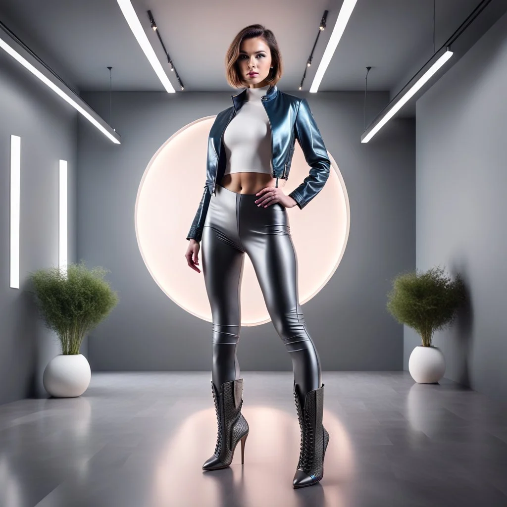 A full-body shot of a beautiful lady wearing beautifull tight pants and pretty color short dress with short boots ,short hair,idle pose in recursive 3d fractal hall