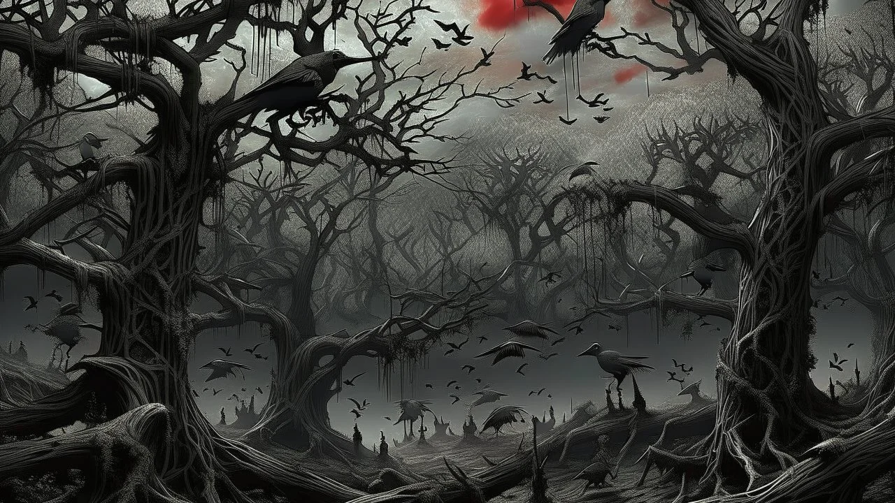 Birds and trees in alternative surreal barren, dry, gloomy world, nightmare in abyss, deep vortex, ,noir, surreal, dark mood, weird dark fantasy, deep dark colors, sharp lines, crepy stunning, high detalied, weird, fog, shadows, realistic, surreal, highly detailed, melancholic thriller mood
