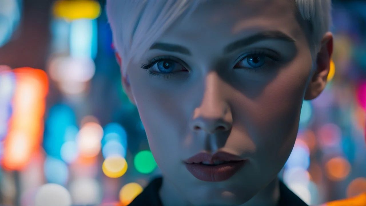 portrait of human android Anita, 25 years old female, short white hair, neat hairstyle tied back, white albino skin, shiny neon blue eyes, big eyes, very many freckles on her face, with a blue blure glowing tattoo on her neck: , nice, kind and friendly face, blur background with white-blue neon lights