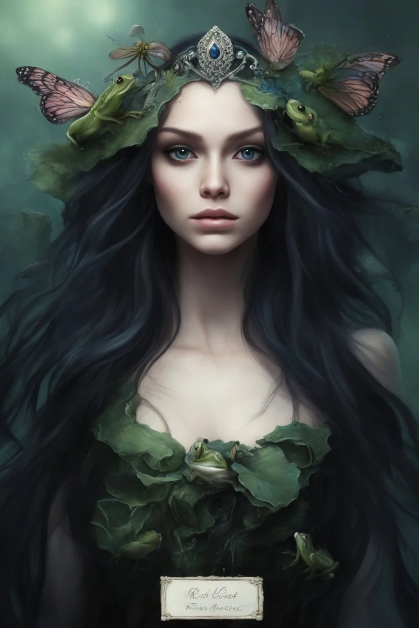 Frogs Water lilies Dark blue long hair Dark Fairy princess rapunzel hair queen crown butterflies dragonflies fireflies elven tiara flowers fairy wings emerald moss saphire