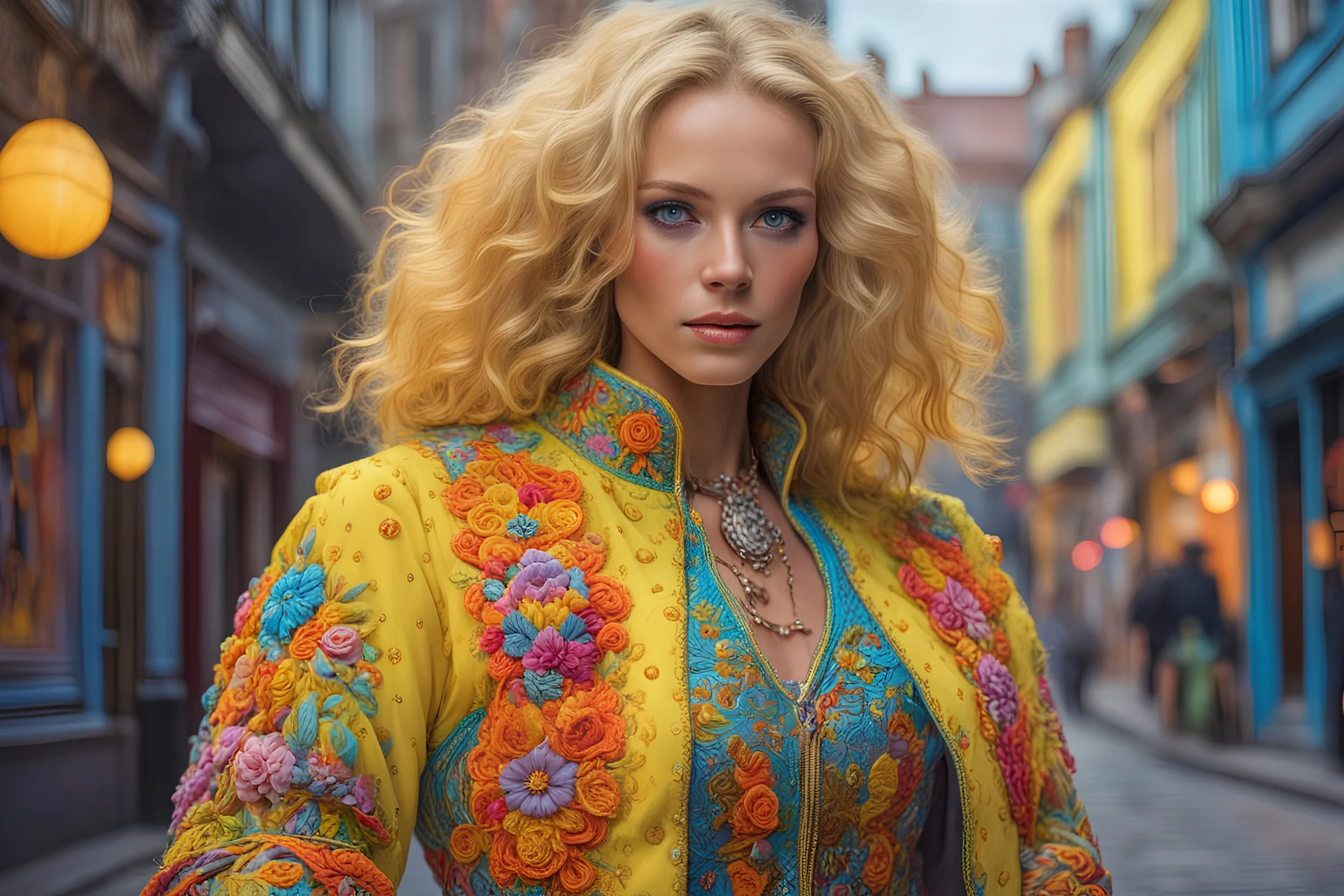 Beautiful blonde brown woman with freckles, wearing a colorful, vibrant, detailed embroidered costume, medium-full shot, in London gilet jaune scene, Smokey fluo, by Michael Whelan