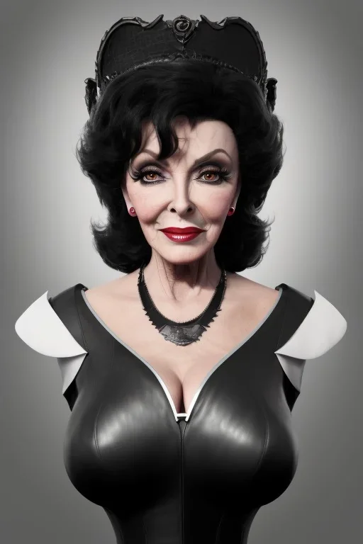 Joan Collins as evil queen in black leather, leather, busty, cleavage, angry, stern look. character design by cory loftis, fenghua zhong, ryohei hase, ismail inceoglu and ruan jia. unreal engine 5, artistic lighting, highly detailed, photorealistic, fantasy