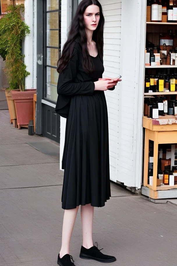 tall girl in black clothes, long dark wavy hair, outside an apothecary shop