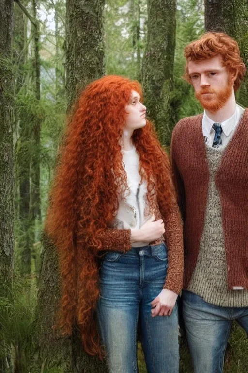 Jeune couple, visage hyper détaillé, réaliste. Forêt fantaisiste détaillée,paysage magnifique, Fille rousse aux cheveux raides et longs, garçon grand, musclé très longs cheveux bruns très bouclés. Fille jean pull, garçon tenue de bûcheron.