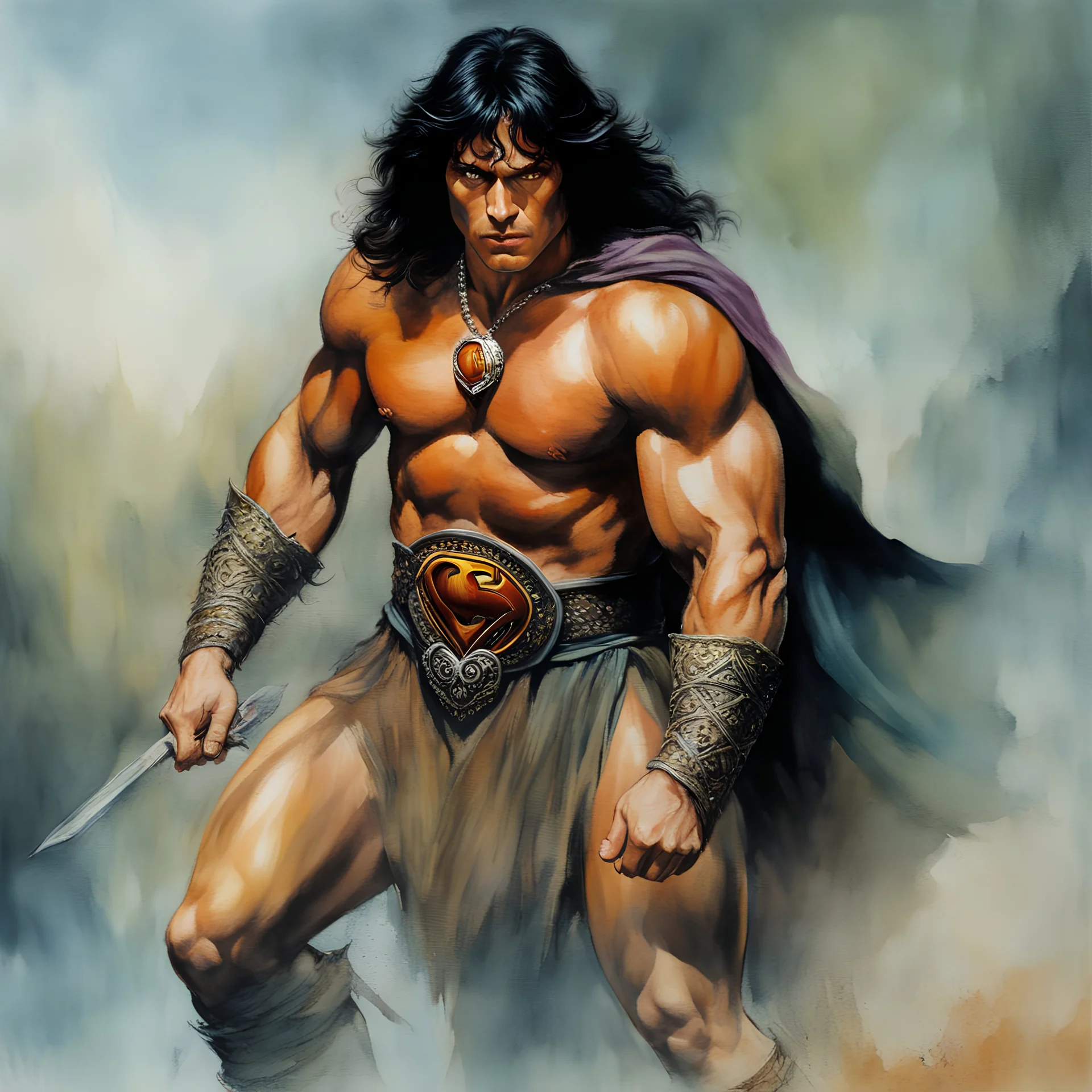 Conan the Barbarian as Superman, dark, multicolored watercolor stained wall in the background, oil painting in the art style of Boris Vallejo, 32k UHD, Hyper realistic, photorealistic, realistic, sharp, highly detailed, professional quality, beautiful, awesome, majestic, superb, trending on artstation