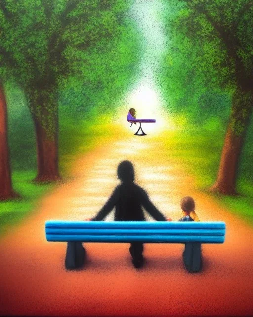 park mystical dream, park bench, man, woman, child, dog, trees, path, bird, sunshine, mystical, fantasy, romanticism, pastel colors, daylight, daytime, acrylic painting, detailed, soft focus,