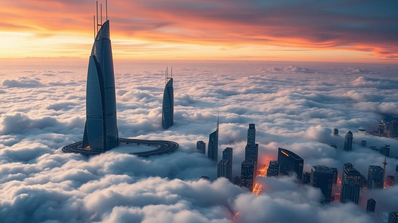 A city floating above the earth, high up in the clouds, sleek, futuristic skyscrapers pierce the sky, floating pathways connect the buildings, flying cars move through the air. The clouds below shift and change colour reflecting the vibrant city lights. Award-winning photograph, beautiful composition, very detailed, 80mm focal length, rule of thirds.