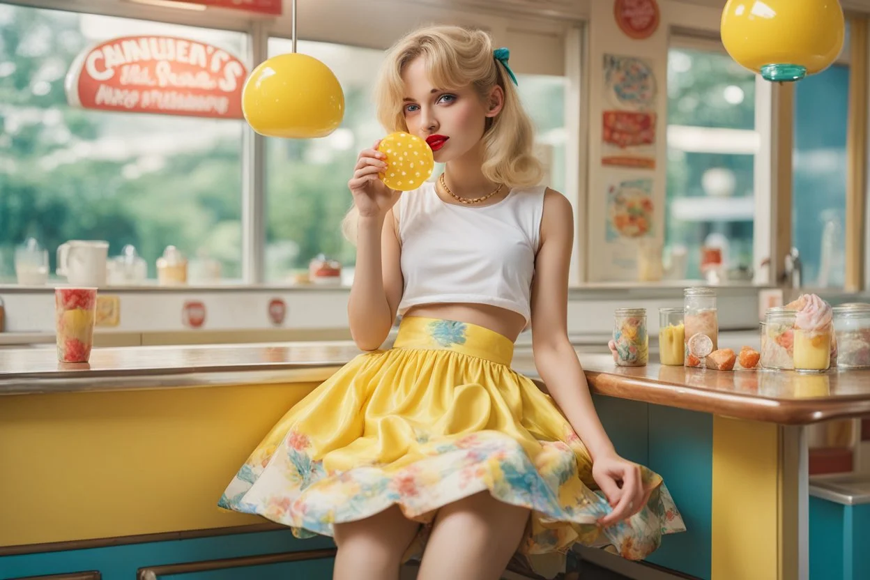 a young blonde Lolita teenager sits in a diner. She wears a white crop top t-shirt and a yellow printed satin skirt, sandals on her feet. With a lollypop in her mouth, she exudes a playful charm and youthful vibrance. Leaning against the counter, she exudes confidence amidst nature's symphony. Anticipation glimmers in her cerulean eyes.