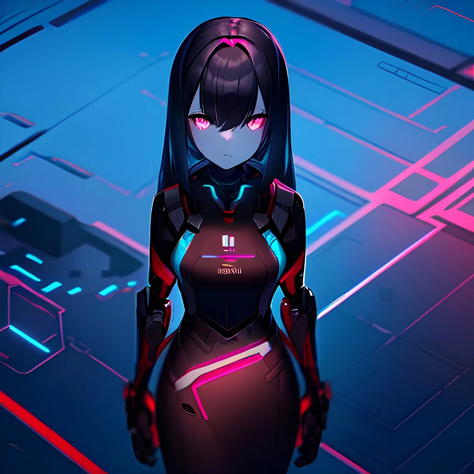 air view, cyberpunk girl, darkred tones, darkblue tones,