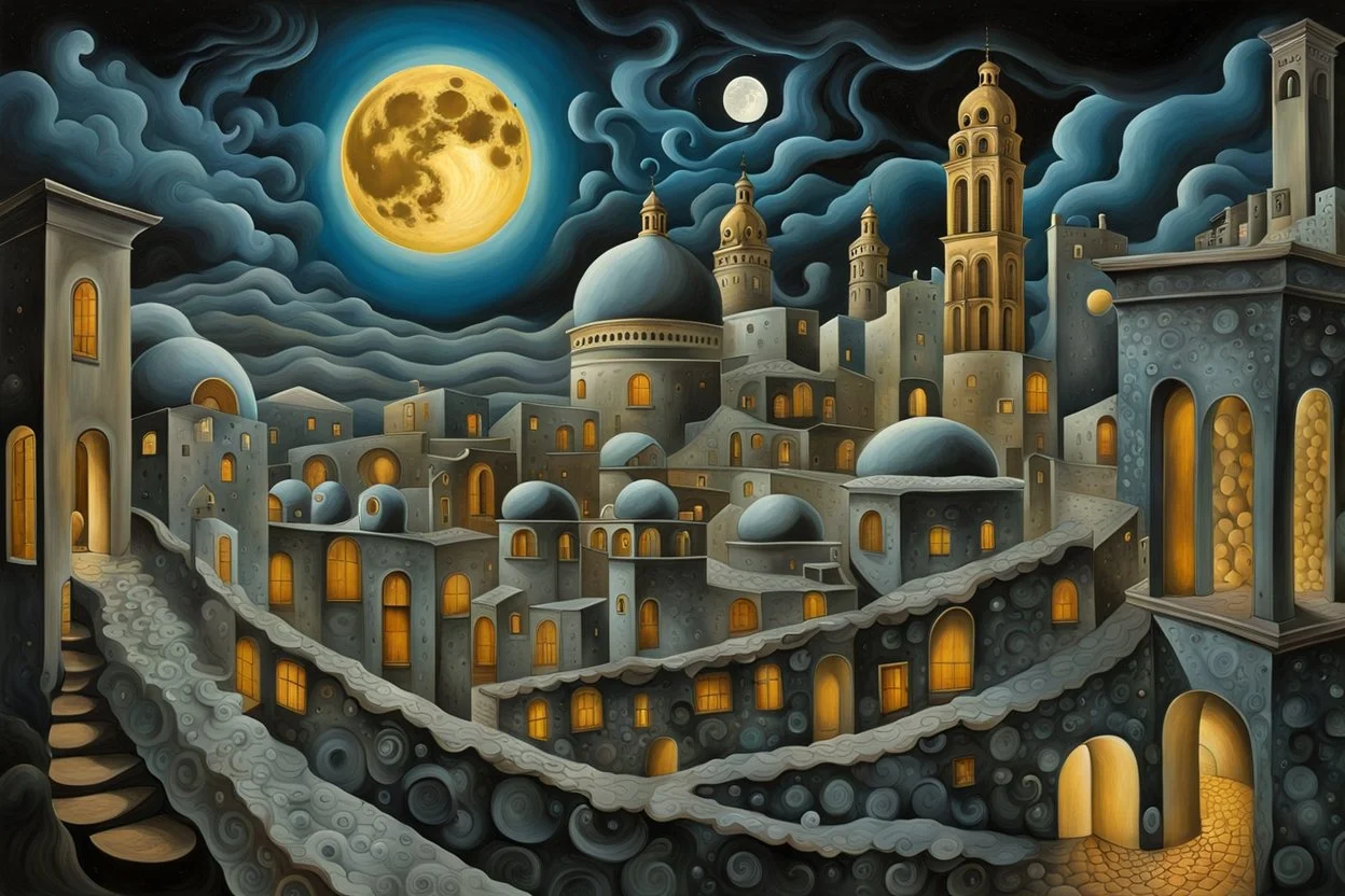 midnight in surreal old city with one big full moon, shadows on walls, strange buildings, sinister by Greg Rutkowski surrealism Salvador Dali matte background melting oil on canvas sinister by Greg Rutkowski surrealism Salvador Dali matte background melting oil on canvas abstract vector fractal, wave-circle function, Zentangle, 3d shading