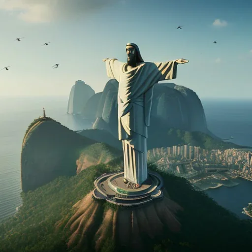 Christ the Redeemer, spring, flying birds, unreal engine 5, cinematic lighting, realistic, hyper detailed, 8k, octane render, cinema 4d