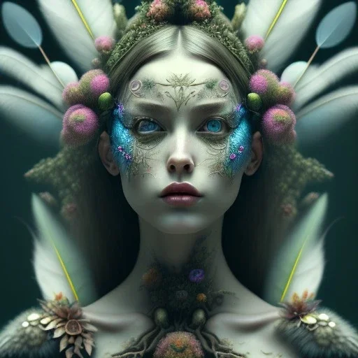 Portrait of beautiful girl, plant, metal, feathers, Dryad, fae, sidhe, ominous, nature, plants, wildflower, facepaint, dnd character portrait, intricate, oil on canvas, masterpiece, expert, insanely detailed, 4k resolution, retroanime style, cute big circular reflective eyes, cinematic smooth, intricate detail , soft smooth lighting, soft pastel colors, painted Renaissance style,bokeh, 800mm lens