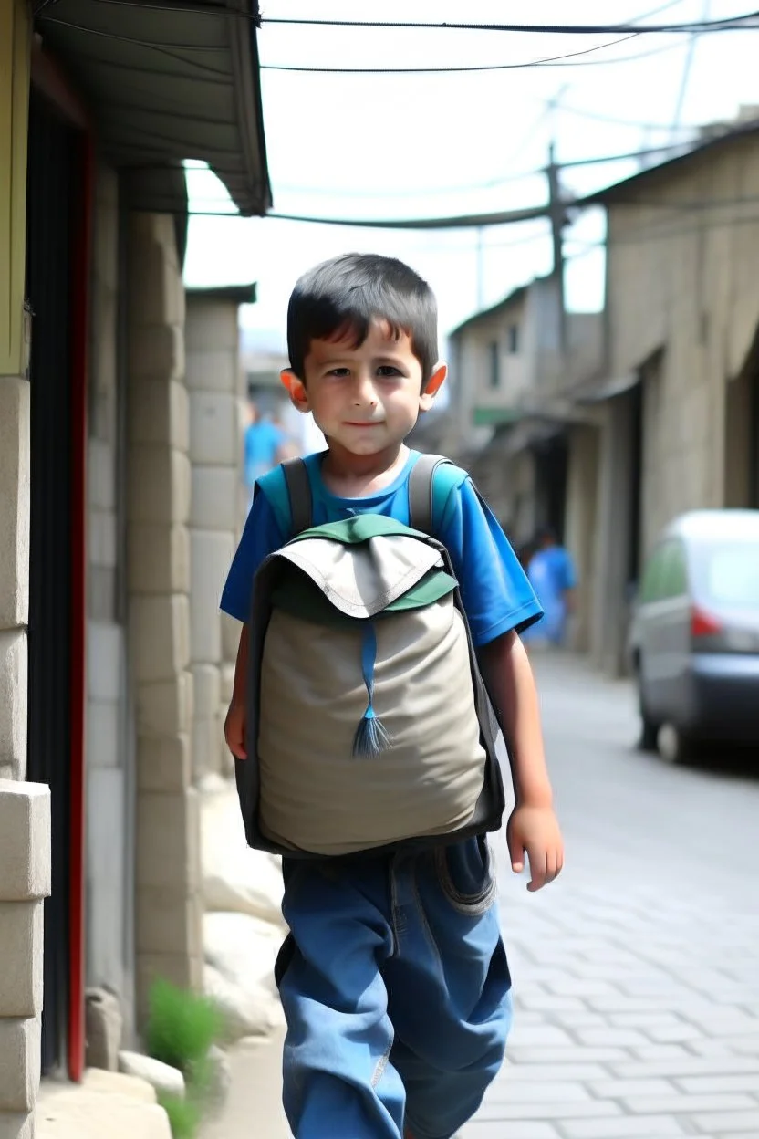 A Palestinian child carries on his shoulders a large bag with windows and doors