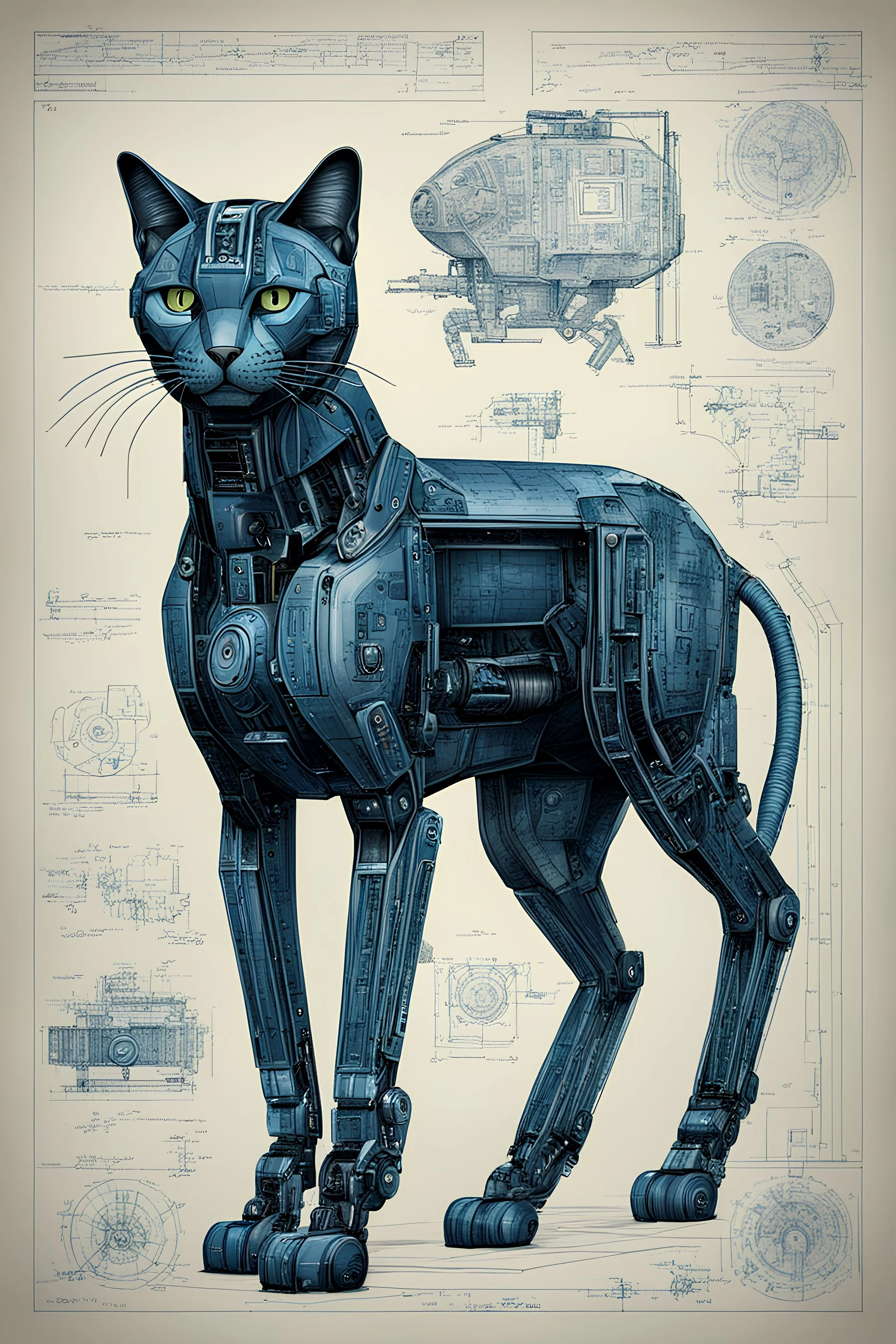 Hand drawn full body illustration by Wayne Reynolds , with detailed blueprints and engineering schematics of dark robotic Rex cat with highly detailed facial features, detailed drawings, 8k