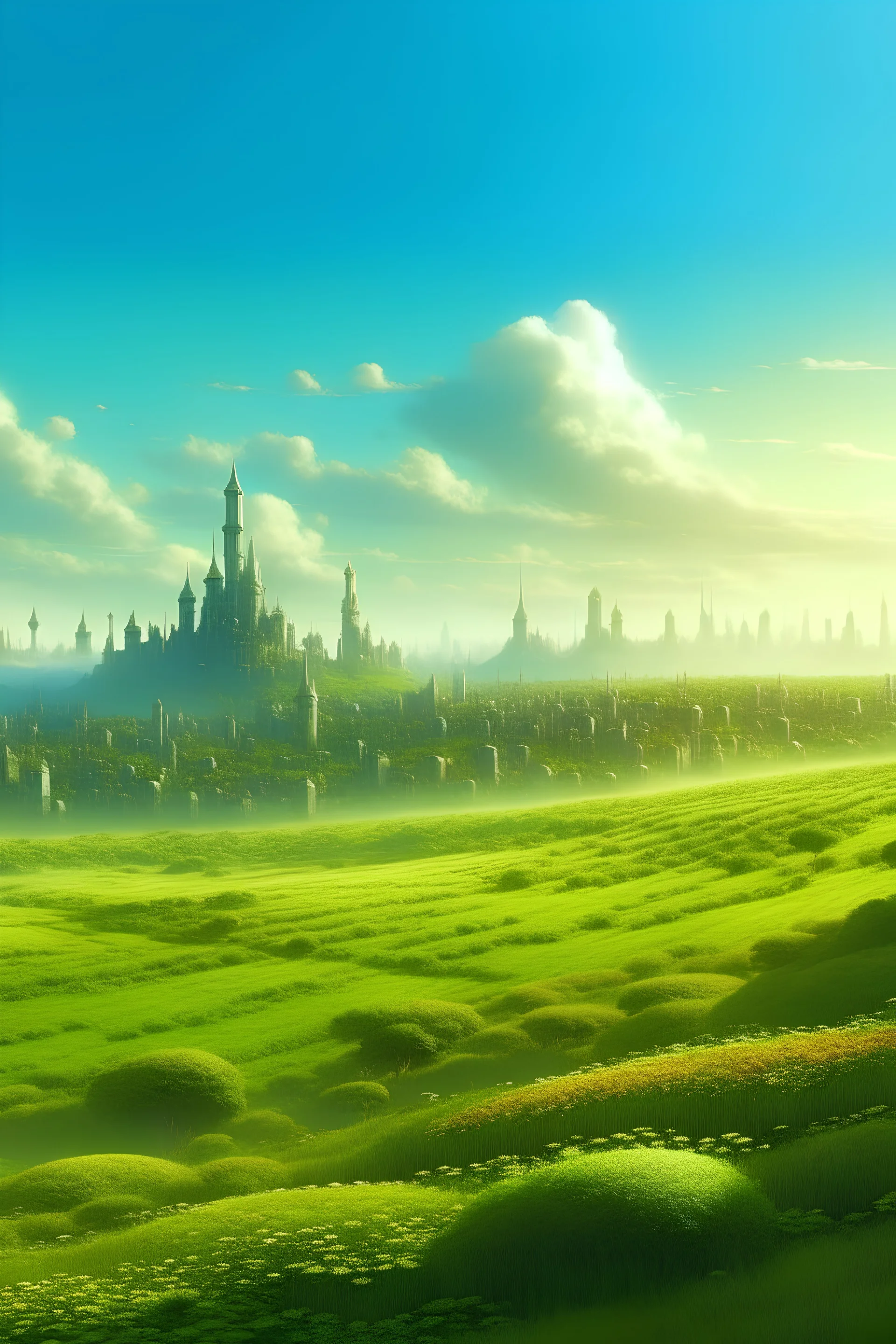 A fantasy city that can only be seen far away on the horizon of an infinite grass field,. Their buildings are little more than points of light.