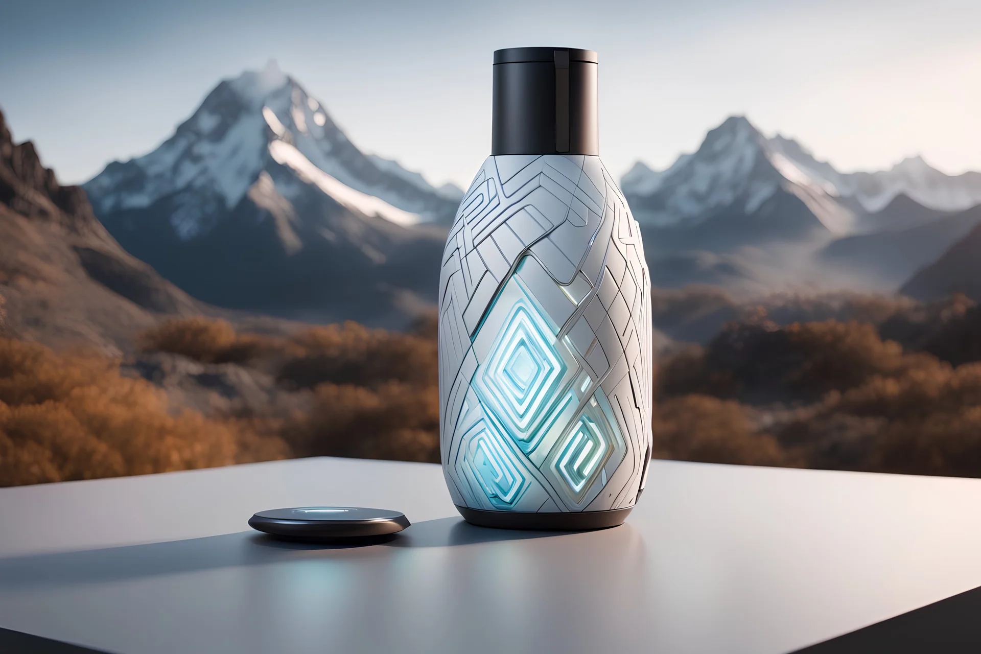 A futuristic bottlewith interwoven components that allow for wirelessly controlled temperature settings, featuring clean lines and modern design. Set the scene alongside a (smartphone) for reference. Put a mountain landscape in the background