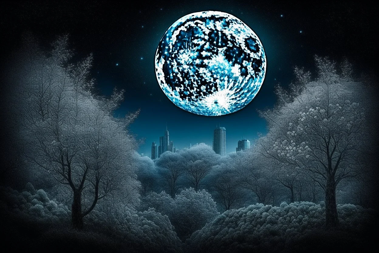 city, ice, night, moon, trees, flowers, influence