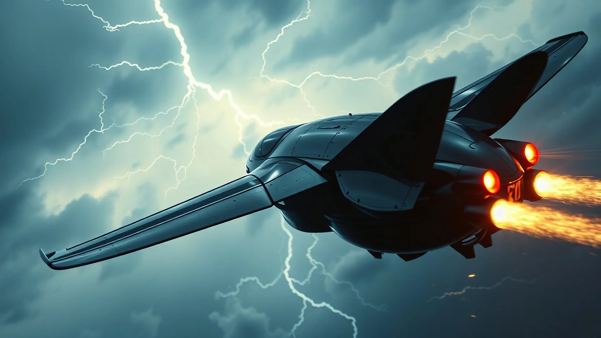 a high definition screen shot of a jet-fighter vw-beetle, retrofuturistic, phototrealism, in flight, one subject, thunderstormncc 1701 enterprise Macabre Rapture End of days Revelation scene,
