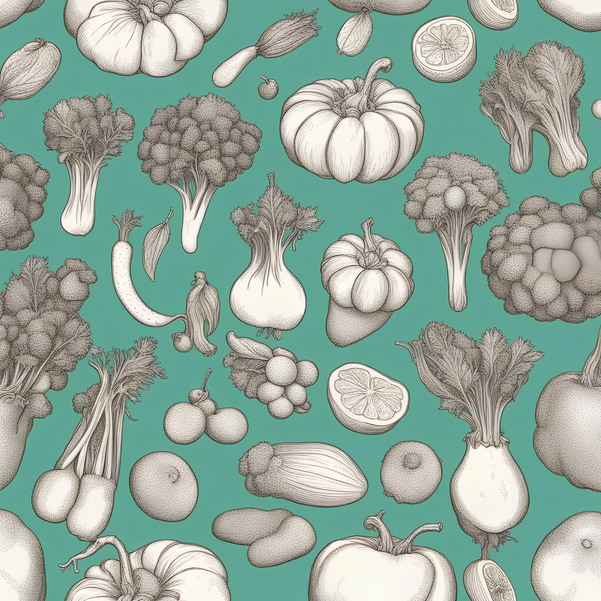 line drawing of vegetables and fruits on turquoise green background