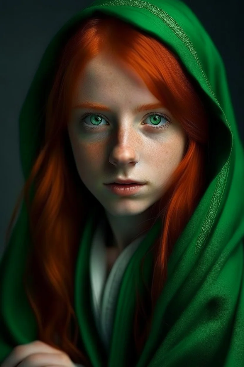 A girl with red hair and green eyes and she is wearing robe